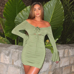 Pleated Long Sleeve Floral Bodycon Dress