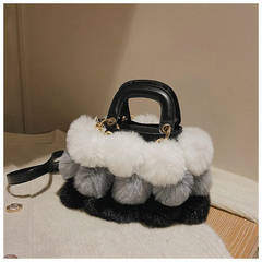 Women Casual Pompon Design Color Blocking Shoulder Handle Bag