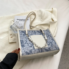 Women Fashion Pearl Embellished Large Capacity Canvas Shoulder Bag
