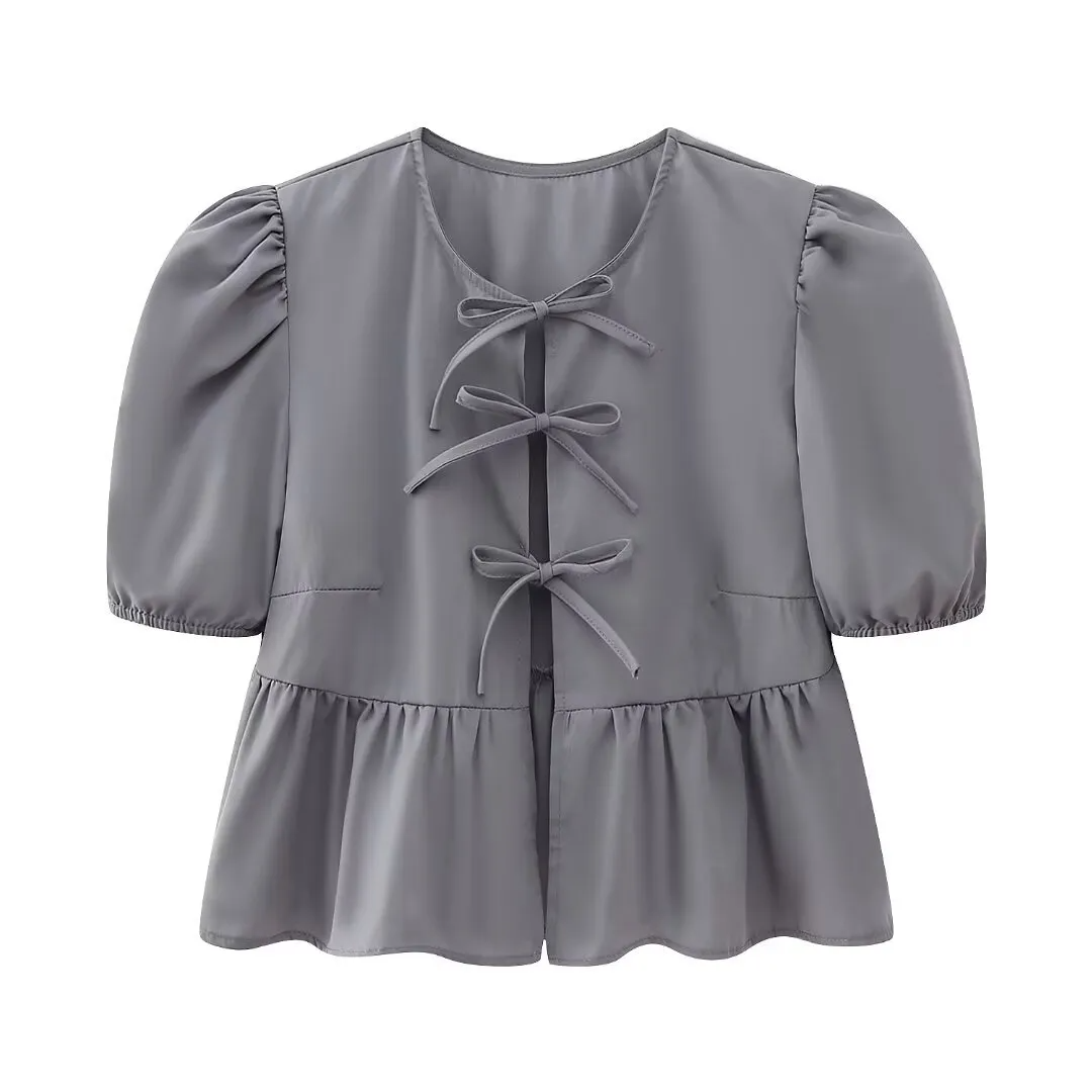 Women Sweet Casual Puff Sleeve Bow Knot Ruffled Stripe Leopard Blouse