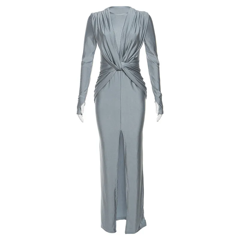 Women Fashion Long Sleeve Split Solid Color Party Bodycon Maxi Dress