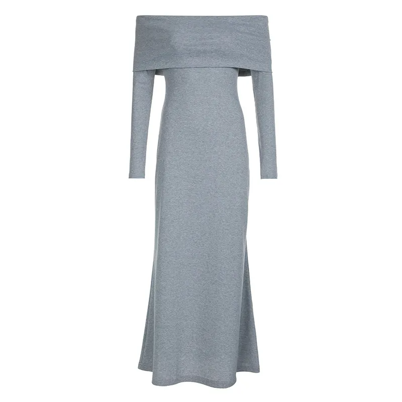 Women Fashion Sexy Off Shoulder Long Sleeve Knitted Maxi Dress