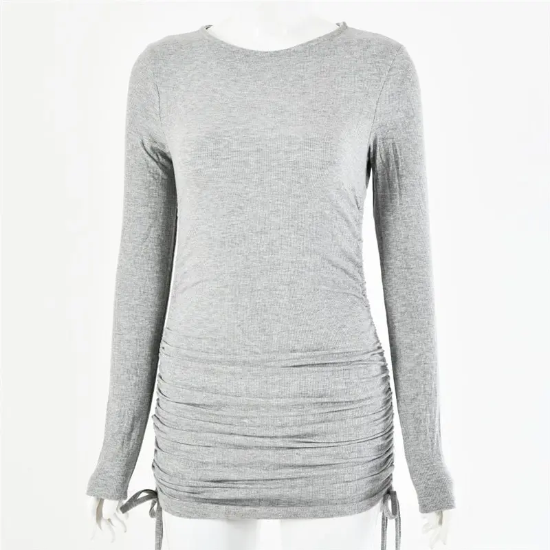 Women Fashion Solid Color Long Sleeve Drawstring Dress