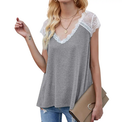 Women V-Neck Short-Sleeve Lace Patchwork Loose Blouse