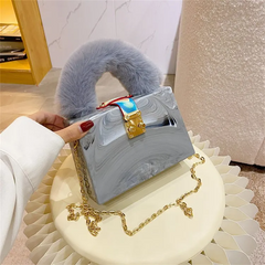 Women Chic Chain Design Stone Pattern Square Shoulder Handle Bag