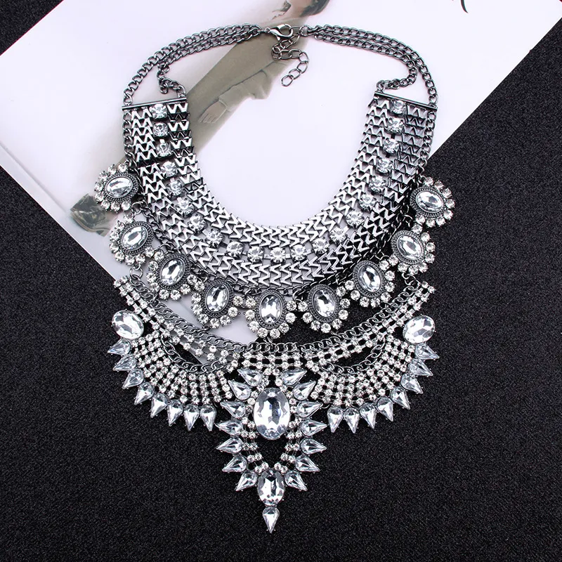 Exaggerated Metal Vintage Diamond Large Jewel Necklace