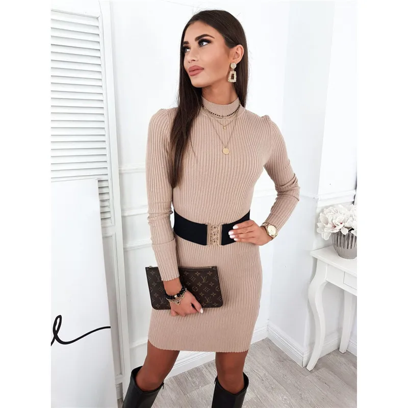 Women Autumn Solid Color Long Sleeve Knitted Rib Knitted Bodycon Dress