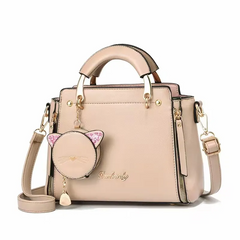 Women Fashionable Solid Color Cat Pendant Large Capacity Square PU Handbag