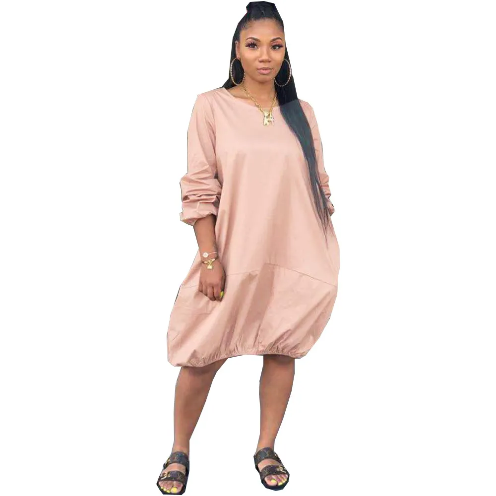 Round Neckline Long-Sleeve Pocket Design Loose Casual Dress