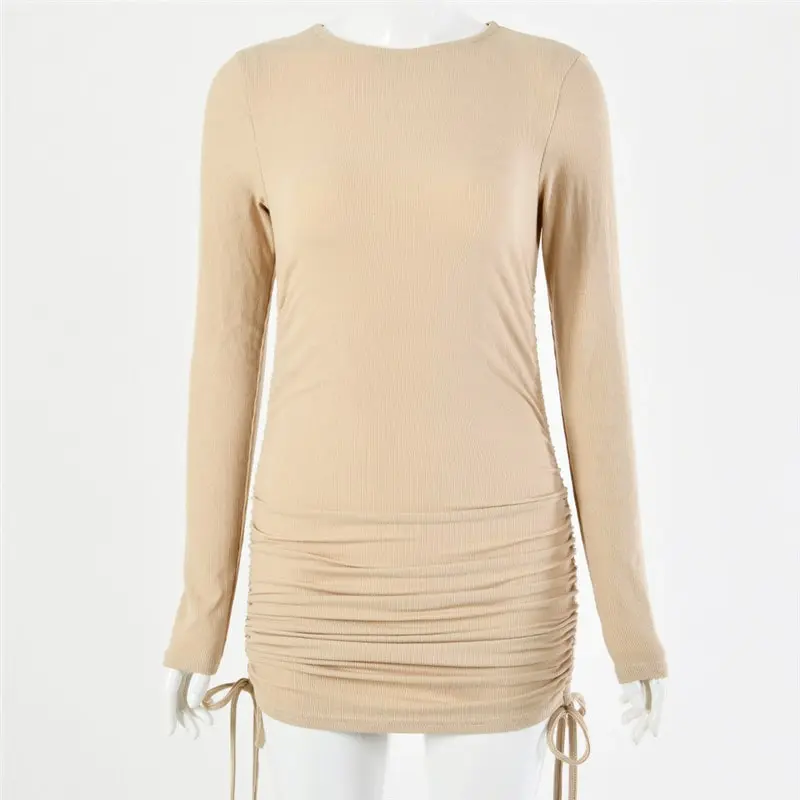 Women Fashion Solid Color Long Sleeve Drawstring Dress
