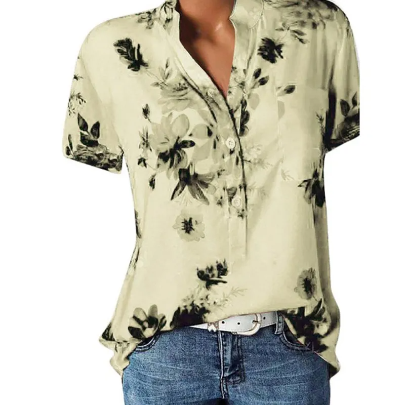 Women Elegant Fashion Loose Casual Short Sleeves Tiny Flower Print V Neck Blouse