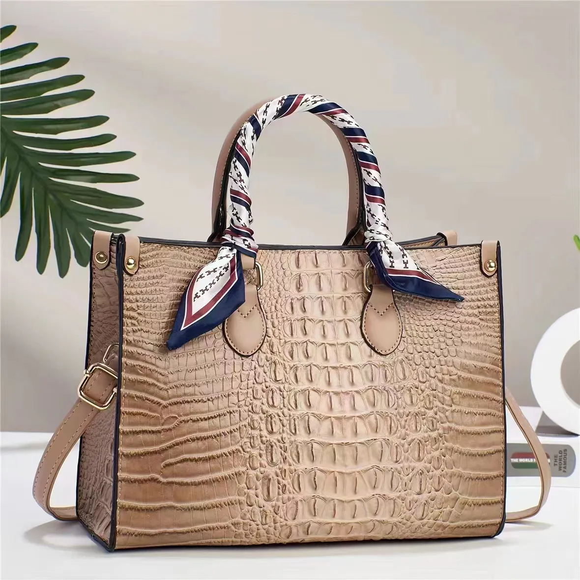 Women Simple Crocodile Print Large Capacity Silk Scarf Embellished Tote