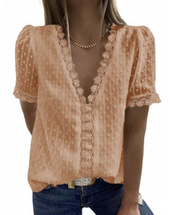 Deep V-Neck Chiffon Shirt Embroidered Lace Short Sleeve Women Blouse
