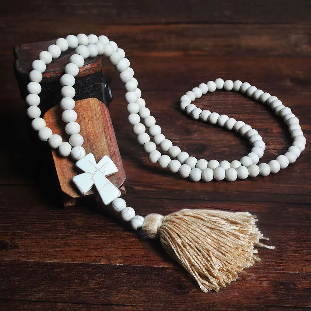 Hot Sale Vintage Pattern White Wooden Beads Cross Tassel Pendant Necklace