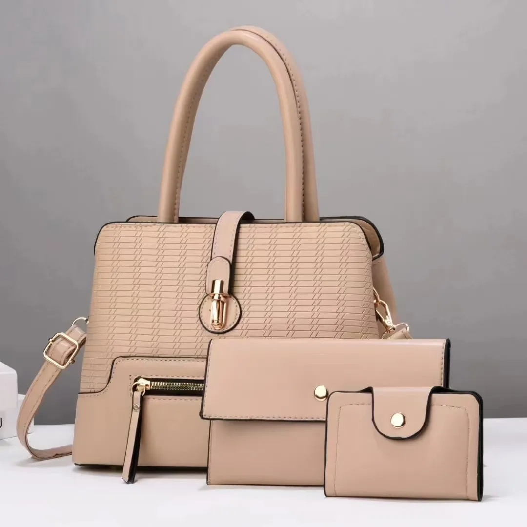 Women Fashion Solid Color Embossed Coin Purse Zipper Handbag Set