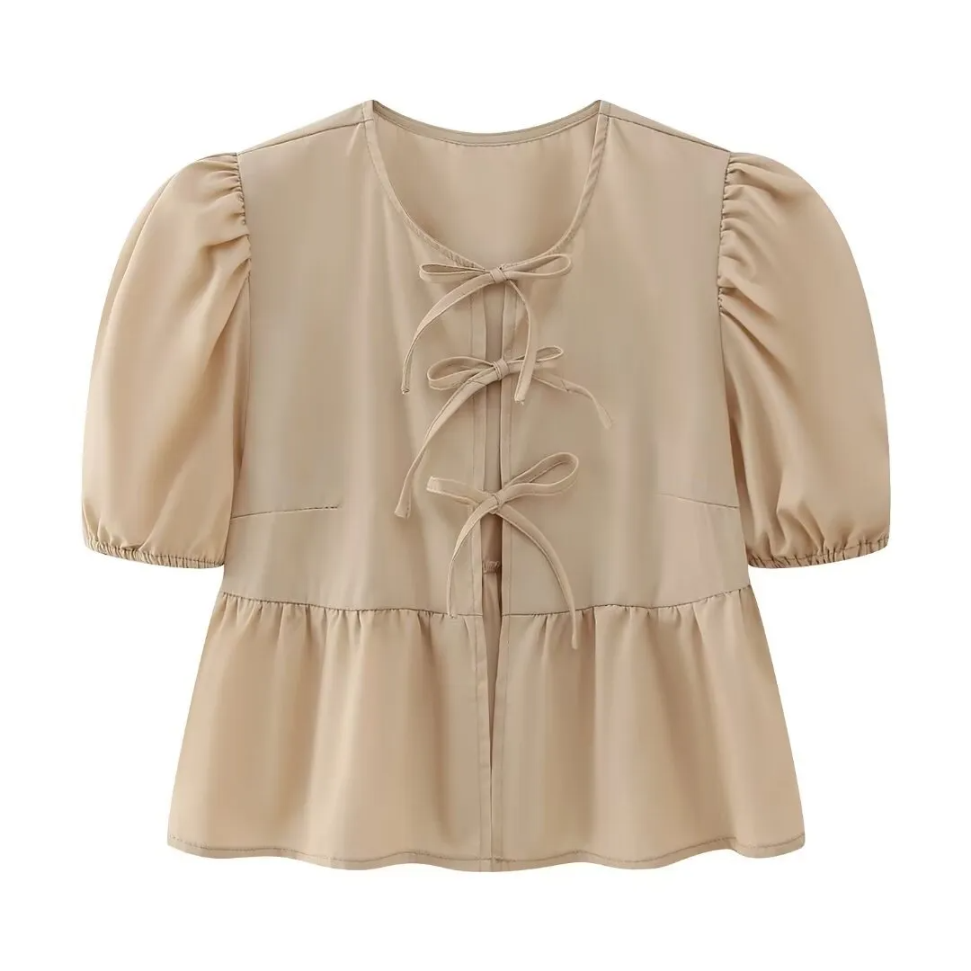 Women Sweet Casual Puff Sleeve Bow Knot Ruffled Stripe Leopard Blouse
