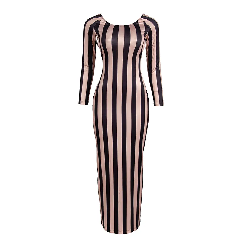 Women Sexy Long Sleeve Stripe Print Backless Bodycon Maxi Dress