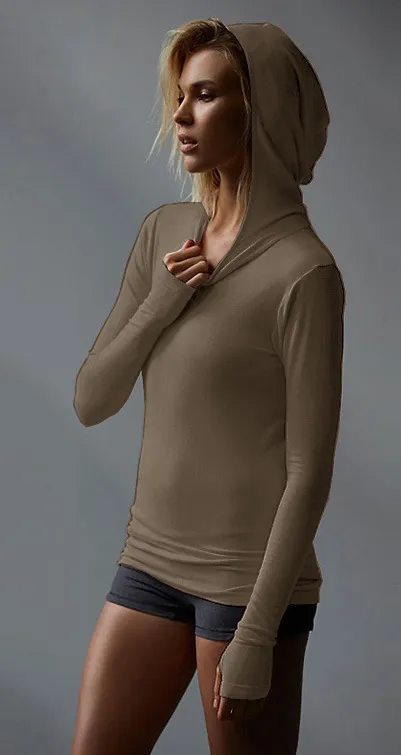 Women Casual Stretch Hooded Long Sleeve Mittens Running Sports Sweatshirt