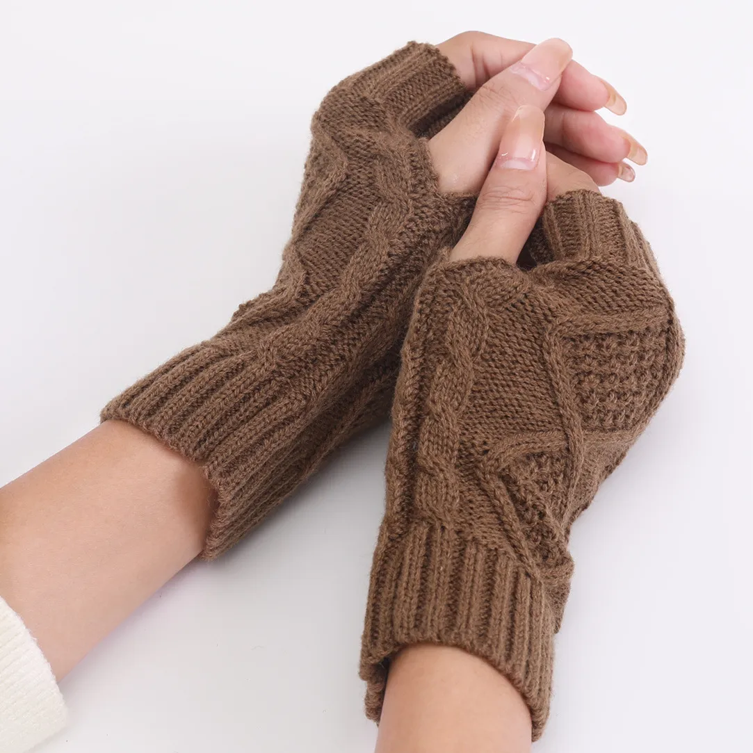 Women Winter Causal Solid Color Knitted Warm Fingerless Gloves