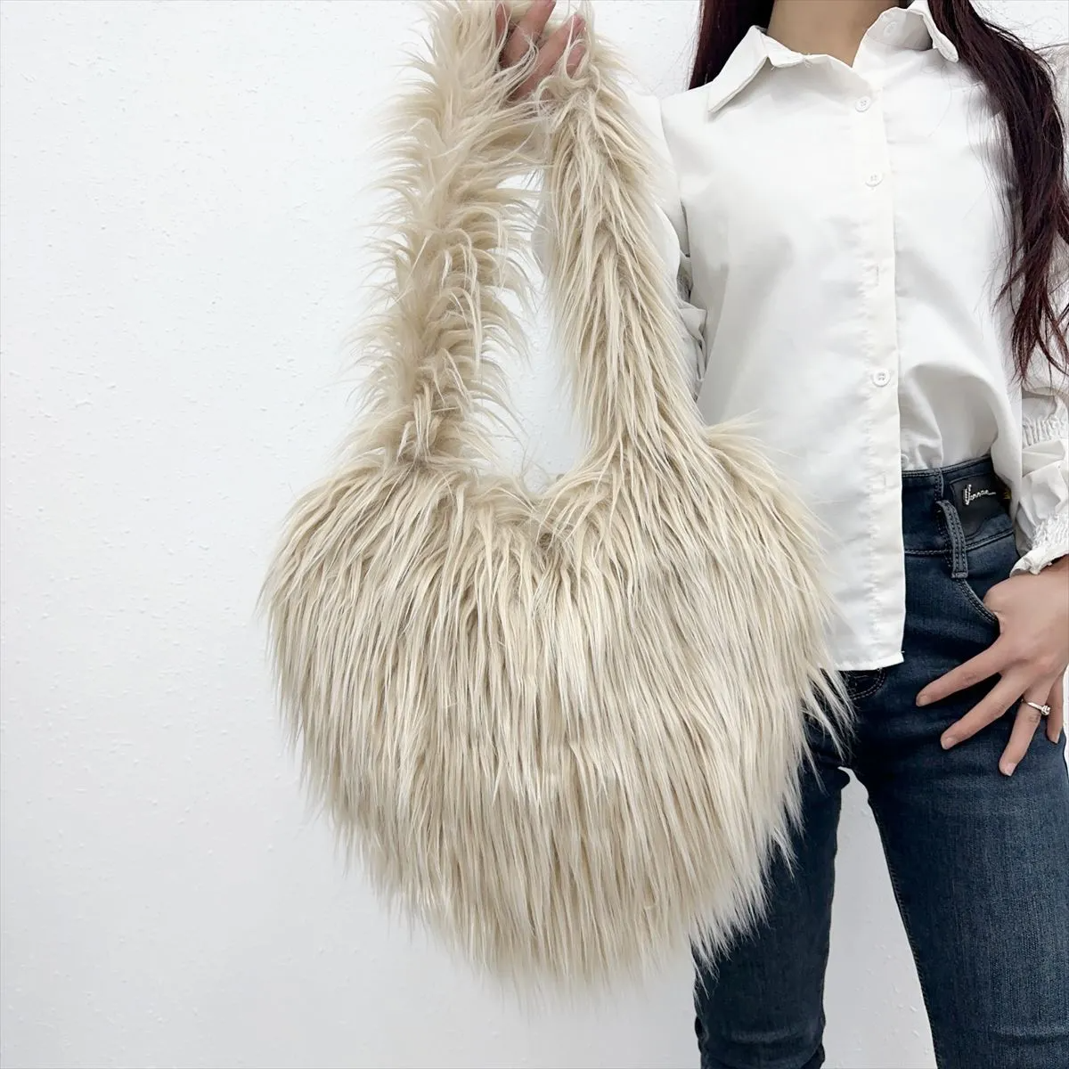 Winter Women Fashion Cute Solid Color Heart Plush Shoulder Bag