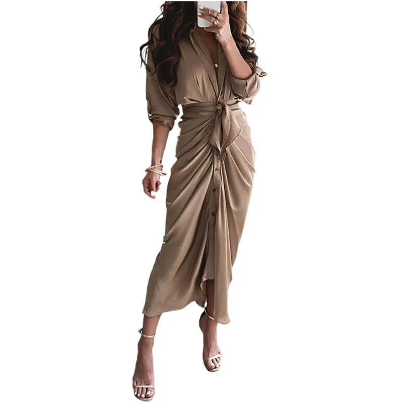 Women Fashion V Neck Bandage Creased Dress