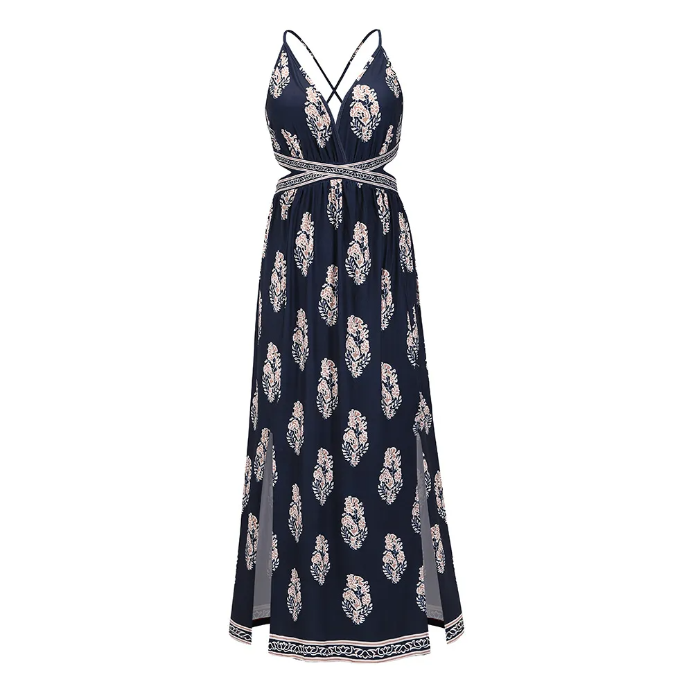 Summer Casual Sleeveless Slit Backless Women Sexy Suspender Dress