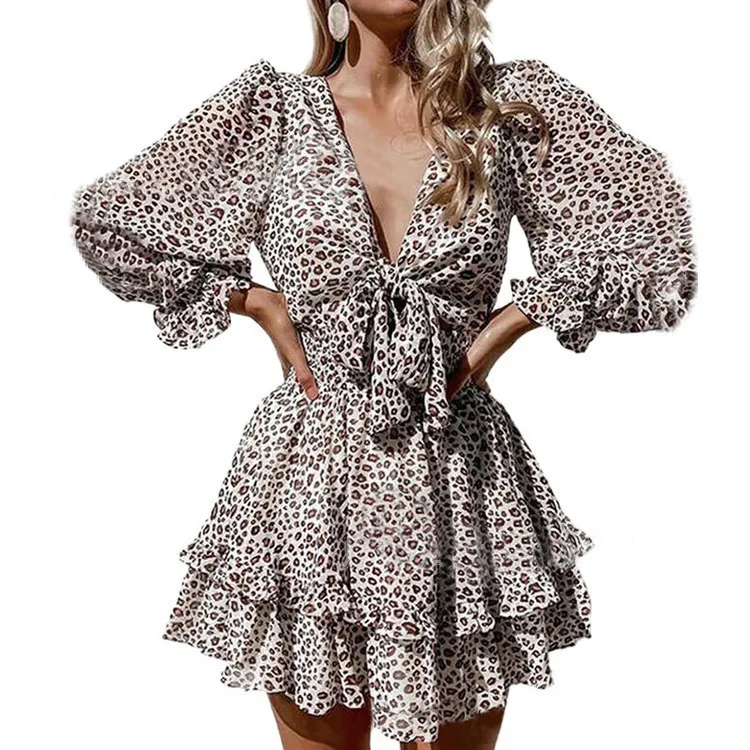 Floral Print Lace-Up Chiffon Long Sleeve Dress