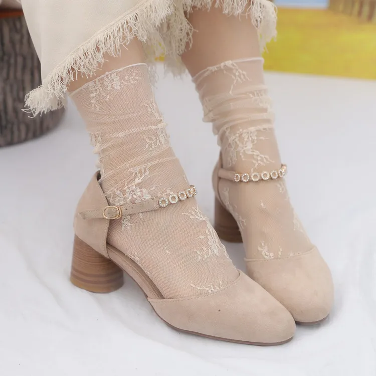 Fashion Solid Color Sweet Lace Women Ultra-Thin Stacked Mesh Socks