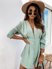 Women Autumn Elegant V-Neck Solid Color Button Long-Sleeved Casual Dress