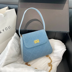 Women Fashion Solid Color Denim Flap Lock Chain Shoulder Crossbody Bag