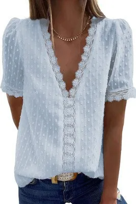 Deep V-Neck Chiffon Shirt Embroidered Lace Short Sleeve Women Blouse