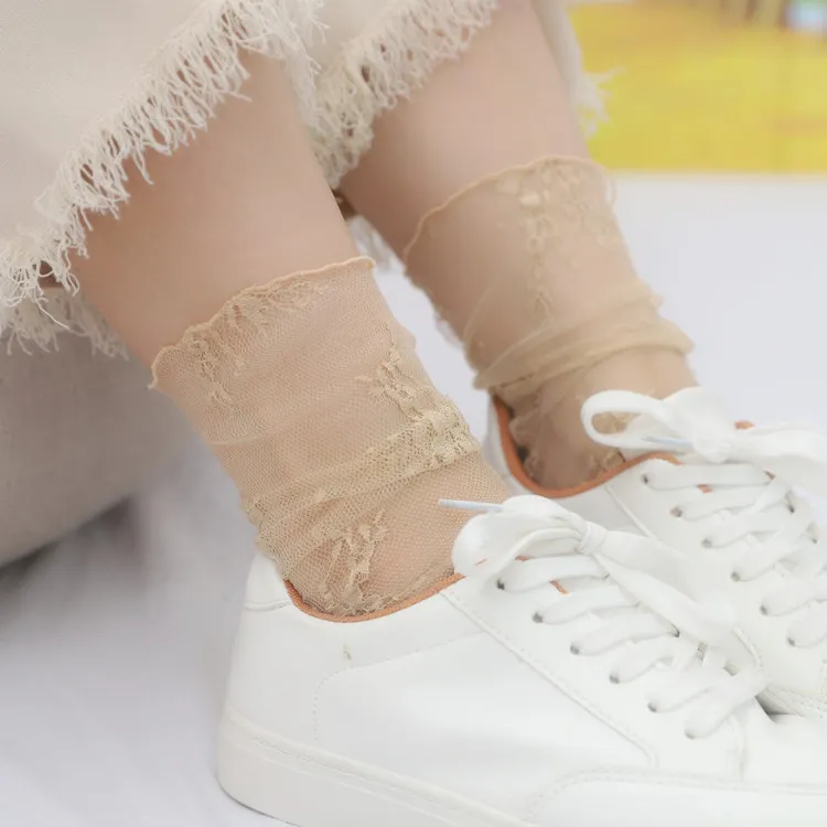 Fashion Solid Color Sweet Lace Women Ultra-Thin Stacked Mesh Socks