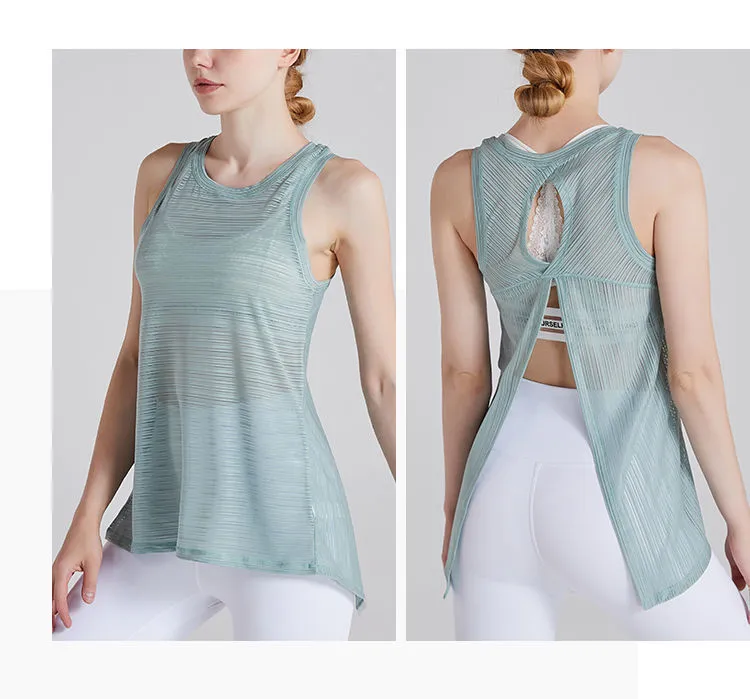 Women Casual Loose Breathable Solid Color Round Neck Sleeveless Back Split Sports Top