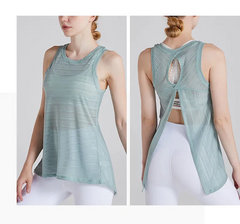 Women Casual Loose Breathable Solid Color Round Neck Sleeveless Back Split Sports Top