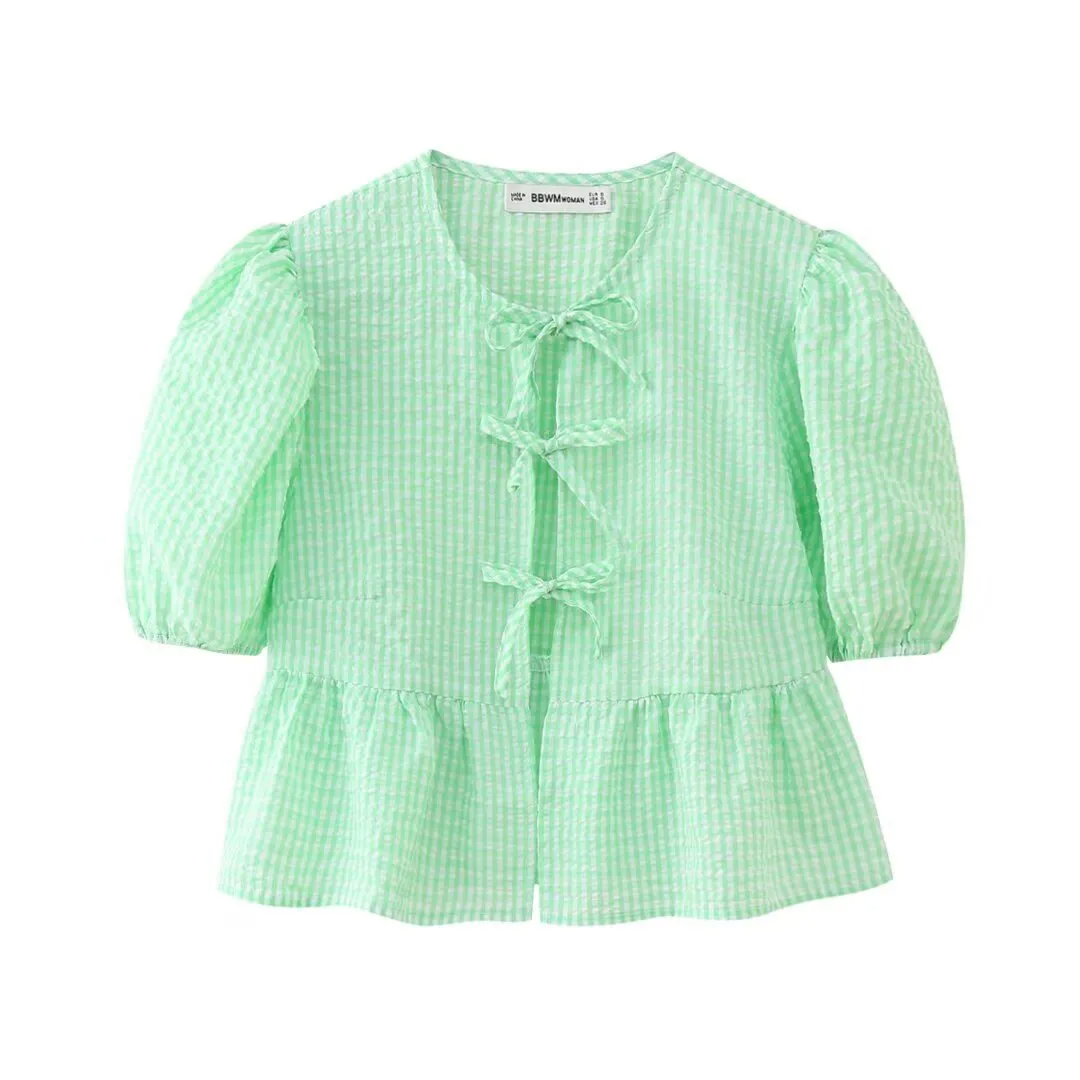 Women Sweet Casual Puff Sleeve Bow Knot Ruffled Stripe Leopard Blouse
