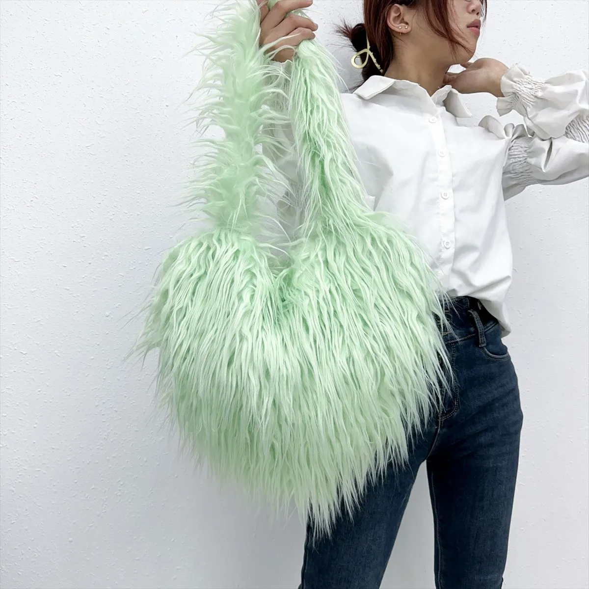 Winter Women Fashion Cute Solid Color Heart Plush Shoulder Bag