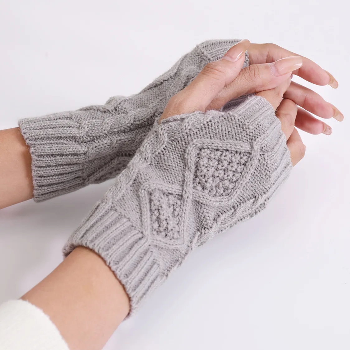 Women Winter Causal Solid Color Knitted Warm Fingerless Gloves
