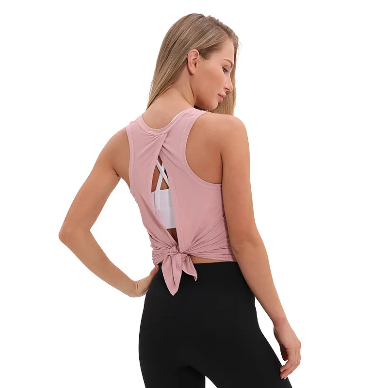 Women Casual Loose Solid Color Round Neck Sleeveless Back Split Sports Tank Top