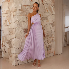 Women Fashion Slim Fit Oblique Shoulder Cutout Creased Dress