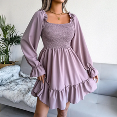 Women Fashion Square Neck Flared Long Sleeve Ruffle Swing Dress