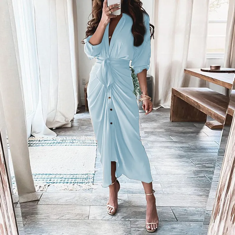 Women Fashion V Neck Bandage Creased Dress