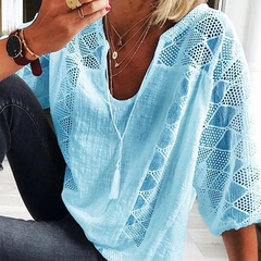 Women Casual Lantern Sleeve Hollow Out Blouse