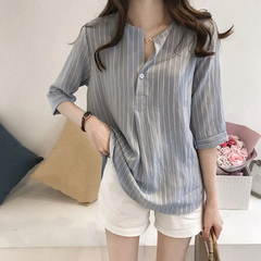 Women Office Summer V Neck Striped Loose Blouse