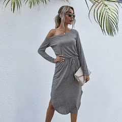 Women Fashion Solid Color Side-Slit Long Sleeve Dress