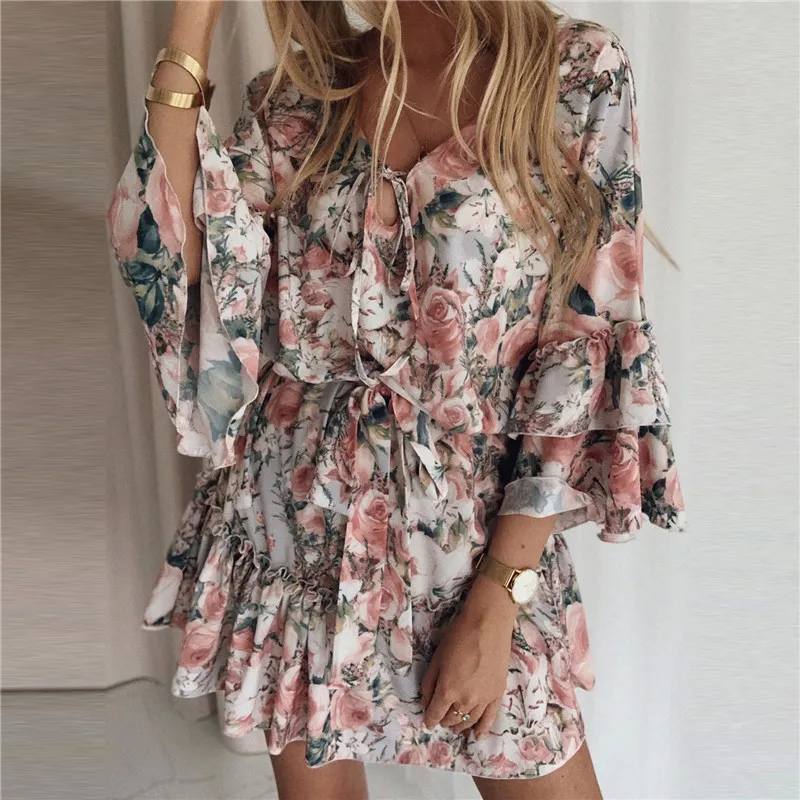 Women Casual Flower Print Flounced Long Sleeve Swing Dress
