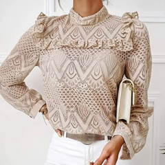 Women Chic Mock Neck Lace Patchwork Ruffle Blouse