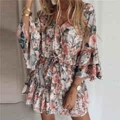 Women Casual Flower Print Flounced Long Sleeve Swing Dress