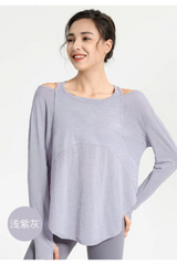 Women Casual Loose Solid Color Round Neck Long Sleeve Sports Top