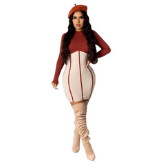 Women Fashion Round Neck Color Blocking Long Sleeve Dress