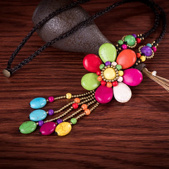 Women'S Vintage Boho Semi-Precious Stone Wax Rope Hand Woven Floral Necklace